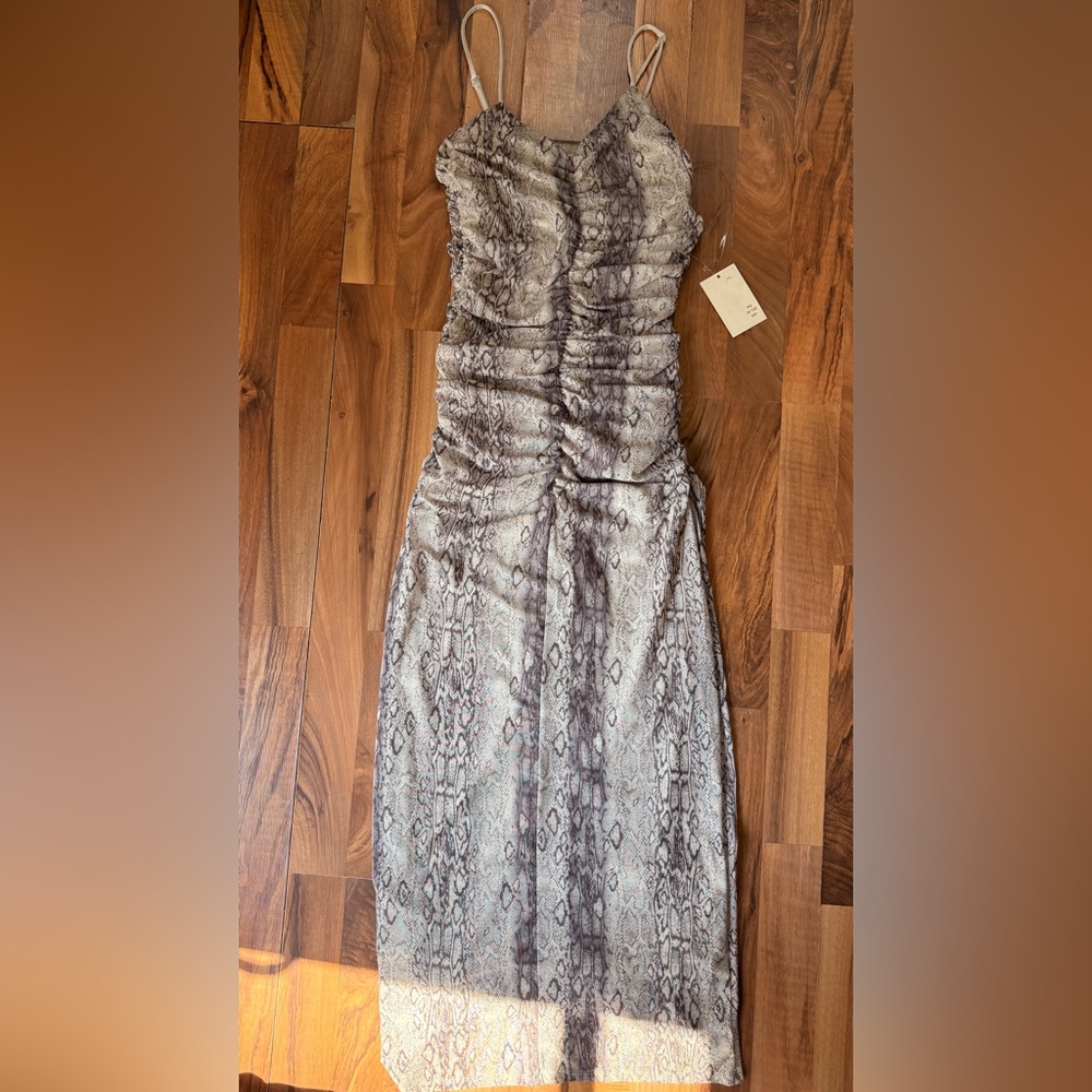 Ruched Snake-Print Midi Dress in Taupe Gray